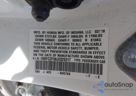 2018 Honda Civic Lx z USA, uszkodzony, nr VIN 19XFC2F58JE025317